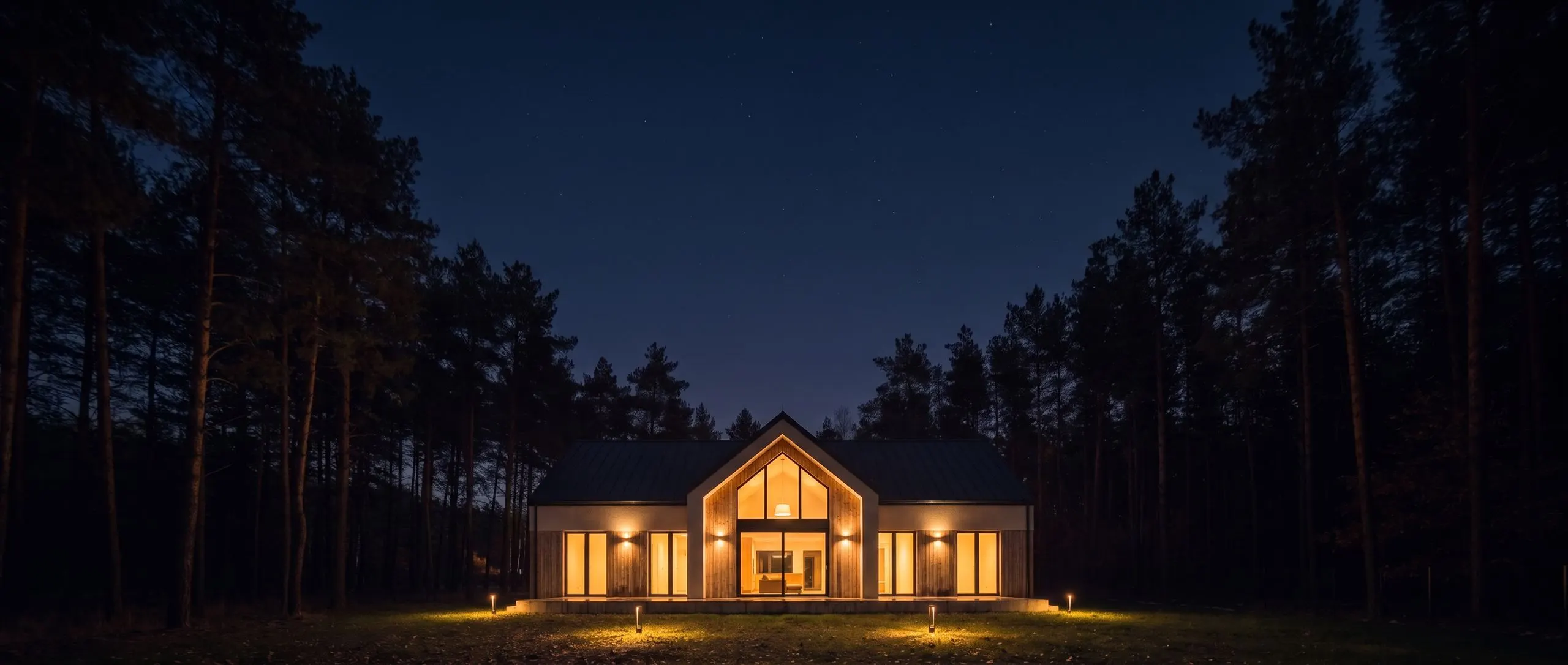Dom w stylu nowoczesnej stodoły nocą na skraju sosnowego lasu, ze wszystkimi światłami zapalonymi